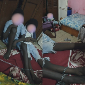 صور متداولة لسيدة سودانية تقيد أطفالها بسلاسل حديدية في المنزل خوفا من اختطافهم في غيابها