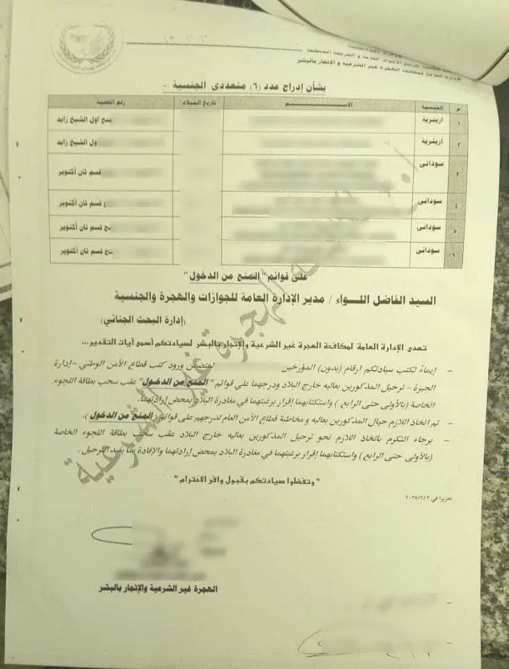 وثيقة حكومية مسربة توجه السلطات بتنسيق ترحيل امرأتين إريتريتين وأربعة مواطنين سودانيين، ومنعهم من العودة إلى مصر. حُجِبت أجزاء من الوثيقة لحماية هويات اللاجئين المعنيين.